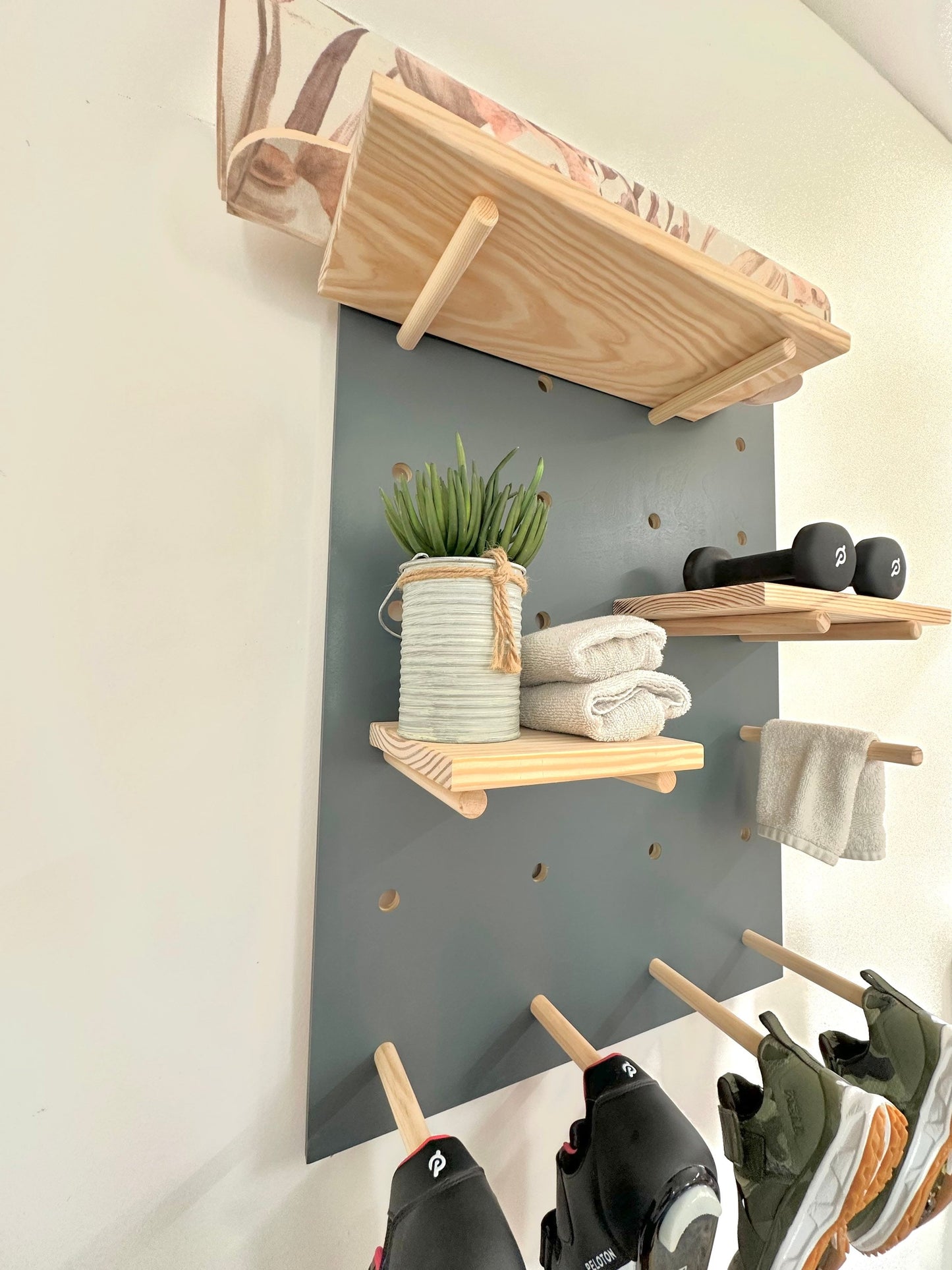 Modern Wood Peg board Wall Shelf : Large Square 24" x 36" / Peloton / Floating Shelves / Pegboard Display /