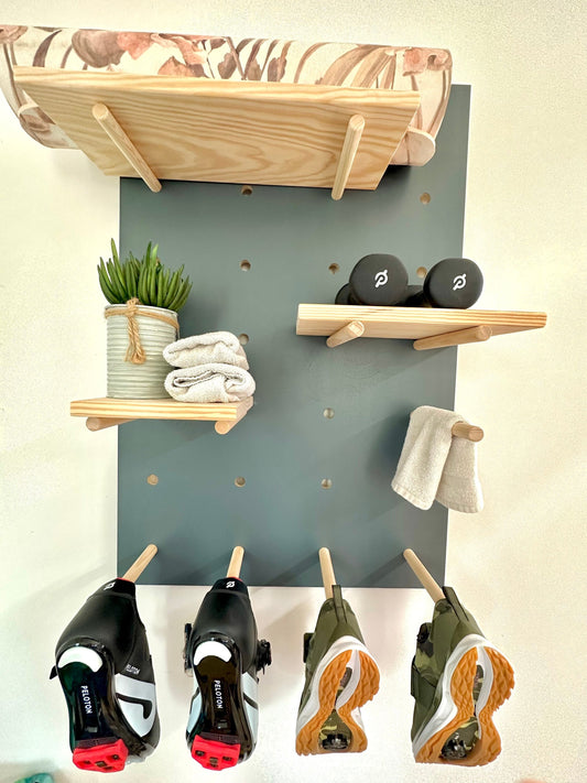 Modern Wood Peg board Wall Shelf : Large Square 24" x 36" / Peloton / Floating Shelves / Pegboard Display /